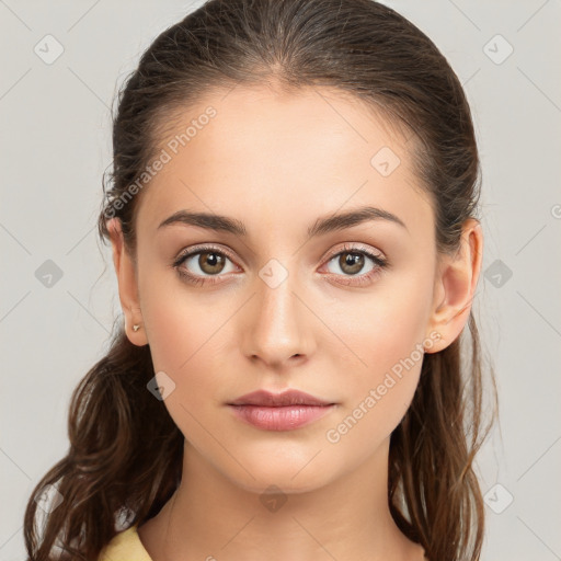 Neutral white young-adult female with medium  brown hair and brown eyes