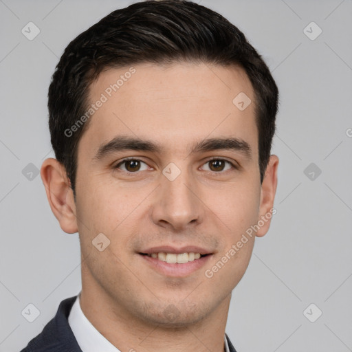 Joyful white young-adult male with short  brown hair and brown eyes