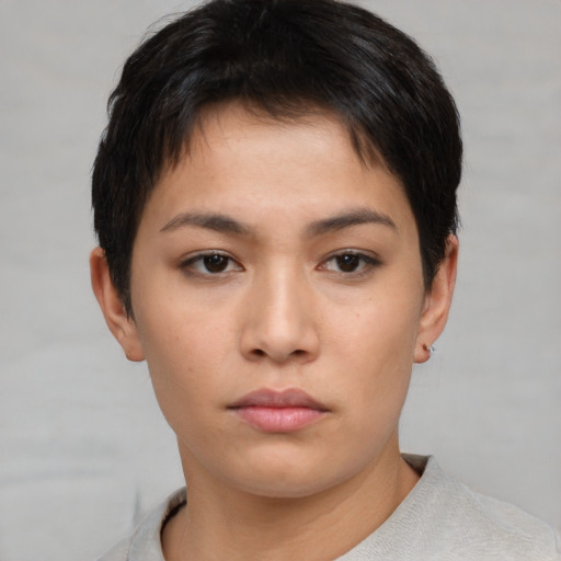 Neutral asian young-adult female with short  brown hair and brown eyes