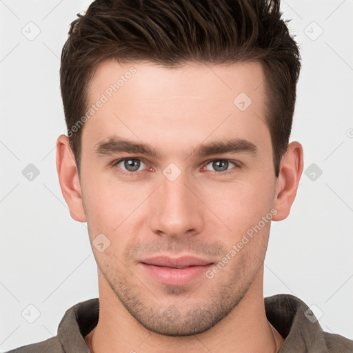 Neutral white young-adult male with short  brown hair and brown eyes