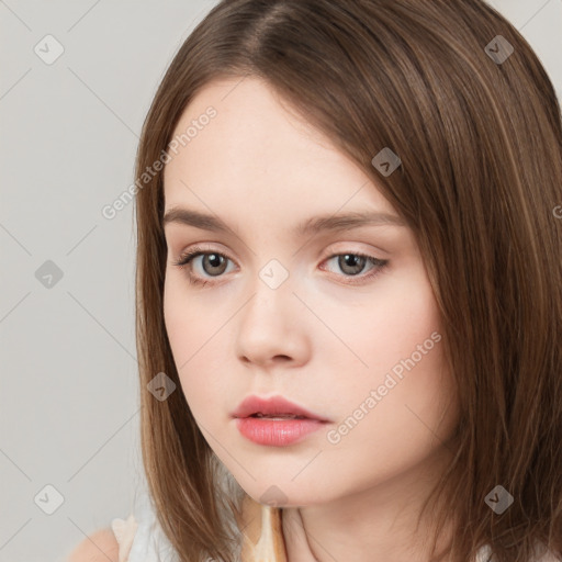 Neutral white young-adult female with medium  brown hair and brown eyes