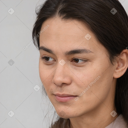 Neutral white young-adult female with medium  brown hair and brown eyes