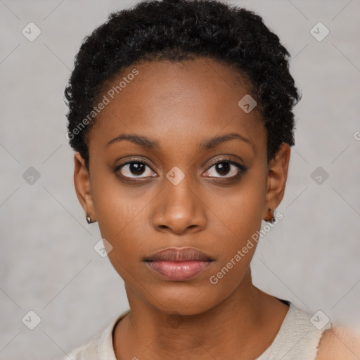 Neutral black young-adult female with short  black hair and brown eyes