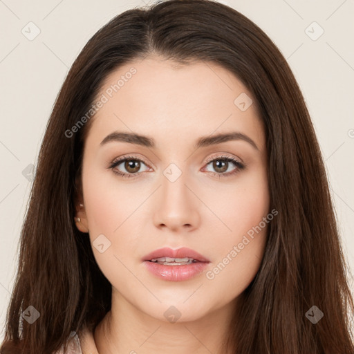 Neutral white young-adult female with long  brown hair and brown eyes