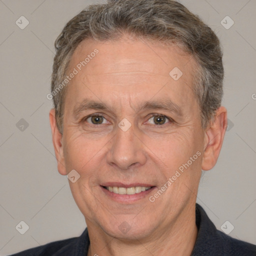 Joyful white middle-aged male with short  brown hair and brown eyes