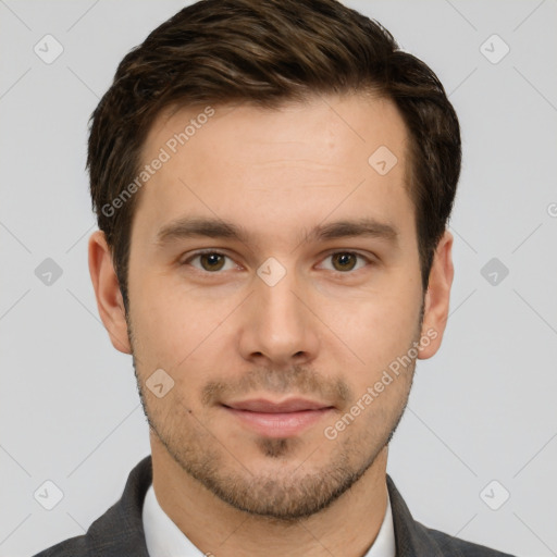 Neutral white young-adult male with short  brown hair and brown eyes