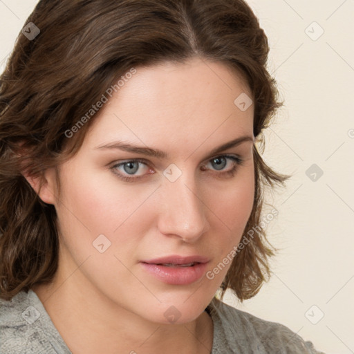 Neutral white young-adult female with medium  brown hair and blue eyes