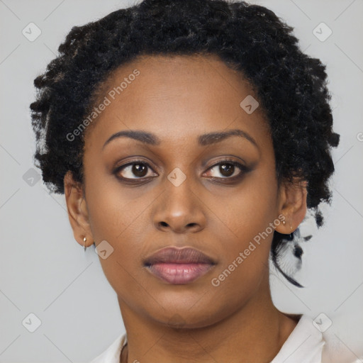 Neutral black young-adult female with short  black hair and brown eyes