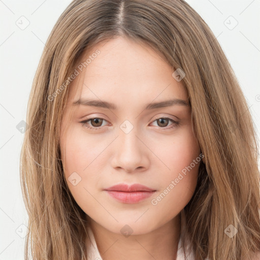 Neutral white young-adult female with long  brown hair and brown eyes