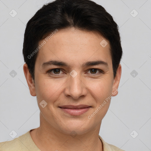 Joyful white young-adult female with short  brown hair and brown eyes