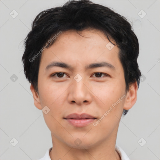 Neutral asian young-adult male with short  black hair and brown eyes