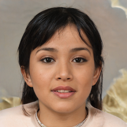 Joyful asian young-adult female with medium  black hair and brown eyes