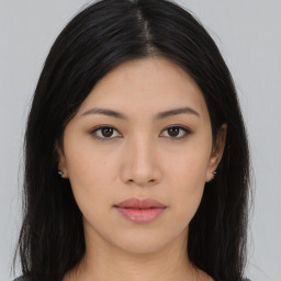 Neutral asian young-adult female with long  black hair and brown eyes