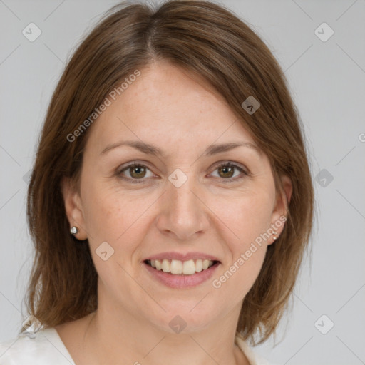 Joyful white adult female with medium  brown hair and grey eyes