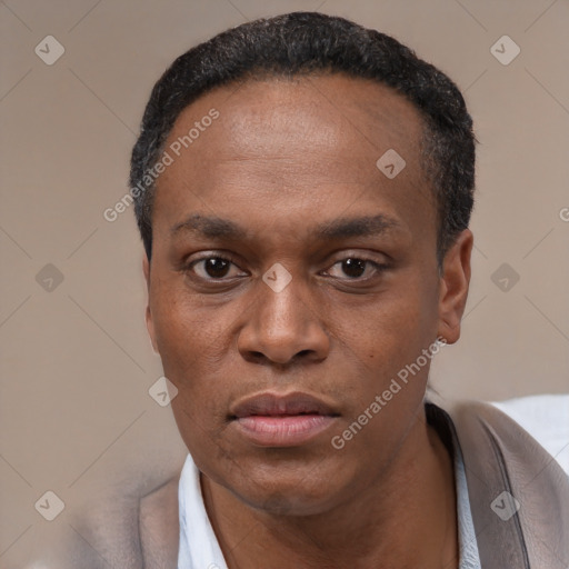 Neutral latino adult male with short  black hair and brown eyes