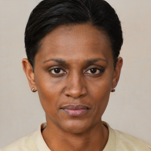 Neutral black young-adult female with short  black hair and brown eyes