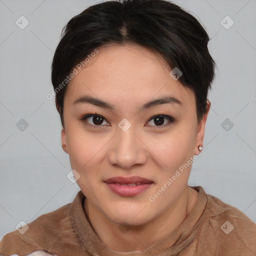 Joyful asian young-adult female with short  brown hair and brown eyes