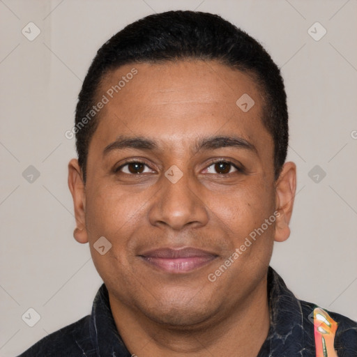 Joyful latino young-adult male with short  black hair and brown eyes