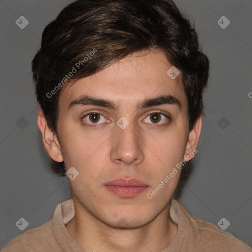 Neutral white young-adult male with short  brown hair and brown eyes