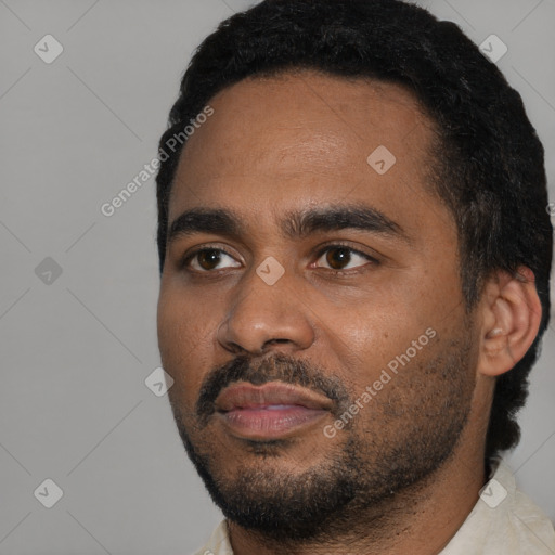 Neutral black young-adult male with short  black hair and brown eyes
