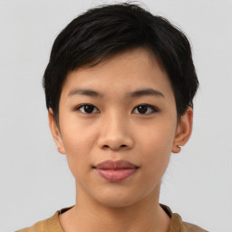 Neutral asian young-adult female with short  black hair and brown eyes