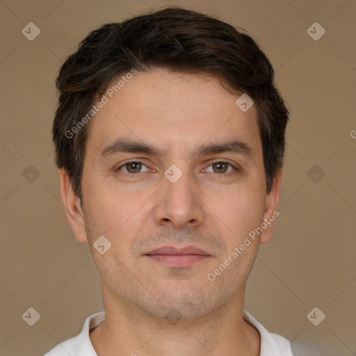 Neutral white young-adult male with short  brown hair and brown eyes