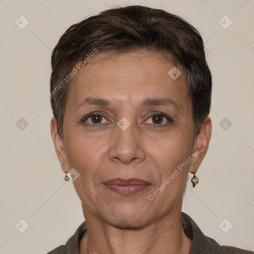 Joyful white adult female with short  brown hair and brown eyes