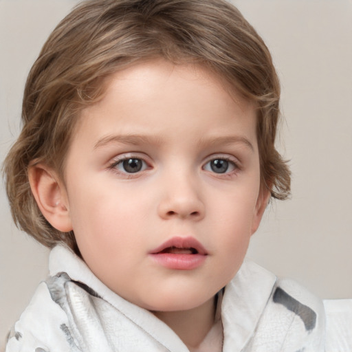 Neutral white child female with medium  brown hair and blue eyes