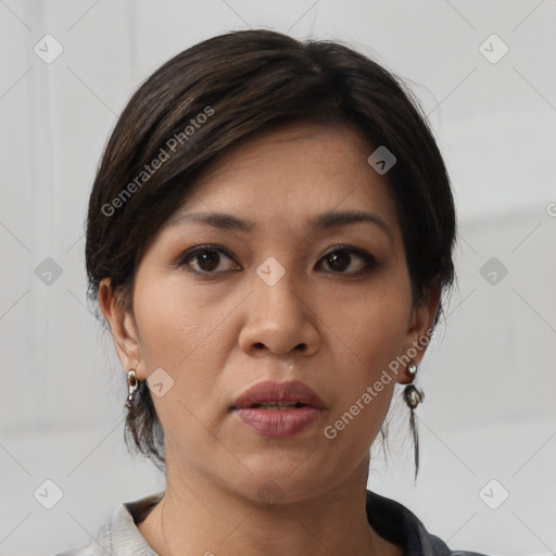 Neutral asian young-adult female with medium  brown hair and brown eyes