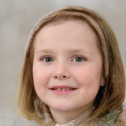 Joyful white child female with medium  brown hair and blue eyes