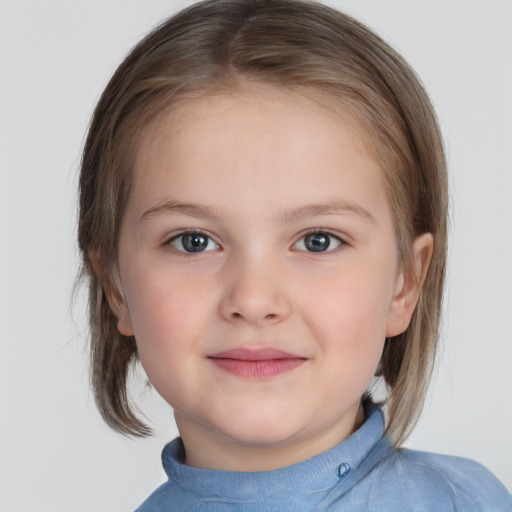 Joyful white child female with medium  brown hair and grey eyes