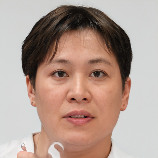 Joyful white adult female with short  brown hair and brown eyes