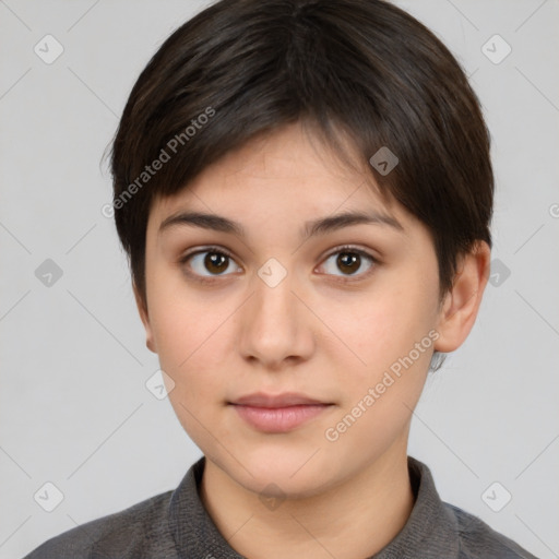 Neutral white young-adult female with short  brown hair and brown eyes