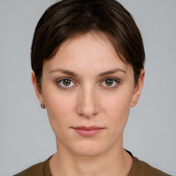 Neutral white young-adult female with short  brown hair and grey eyes