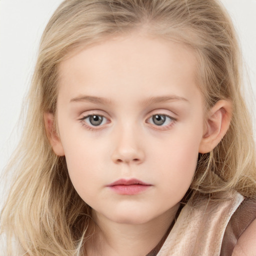 Neutral white child female with long  brown hair and grey eyes