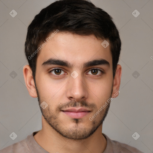 Neutral white young-adult male with short  brown hair and brown eyes