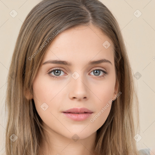 Neutral white young-adult female with long  brown hair and brown eyes