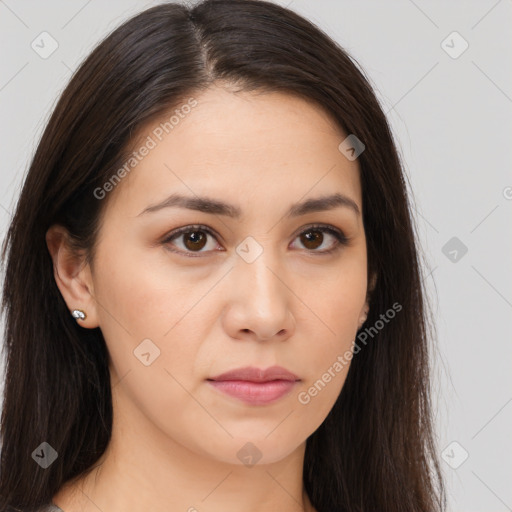 Neutral white young-adult female with long  brown hair and brown eyes