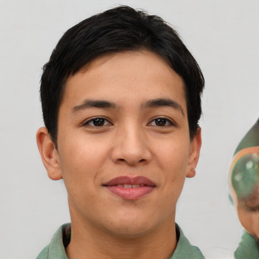 Joyful asian young-adult female with short  brown hair and brown eyes