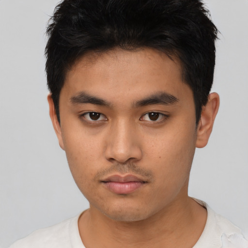Neutral asian young-adult male with short  black hair and brown eyes