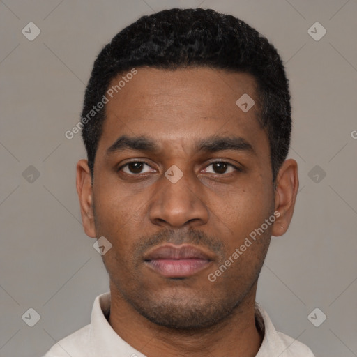 Neutral latino young-adult male with short  black hair and brown eyes