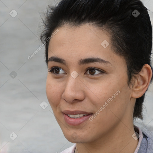 Joyful asian young-adult female with medium  brown hair and brown eyes