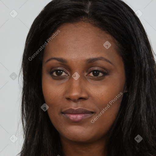 Joyful asian young-adult female with long  brown hair and brown eyes