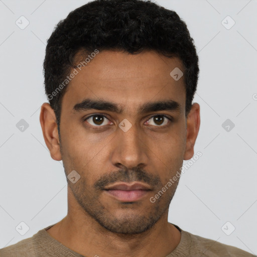 Neutral latino young-adult male with short  black hair and brown eyes