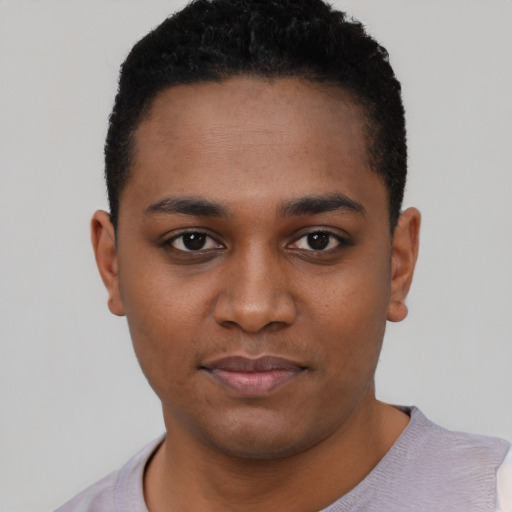 Neutral black young-adult male with short  black hair and brown eyes
