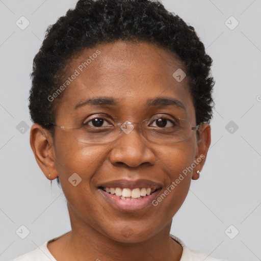 Joyful black adult female with short  brown hair and brown eyes