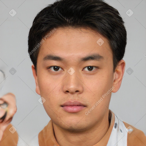 Neutral asian young-adult male with short  brown hair and brown eyes