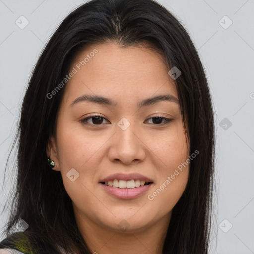 Joyful asian young-adult female with long  brown hair and brown eyes