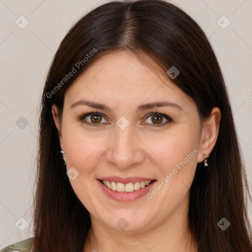 Joyful white young-adult female with long  brown hair and brown eyes