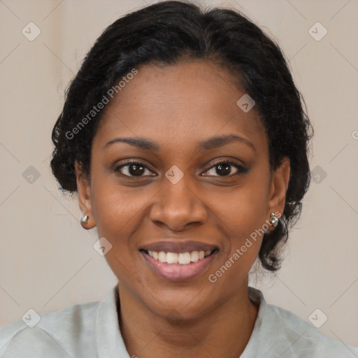 Joyful latino young-adult female with medium  black hair and brown eyes